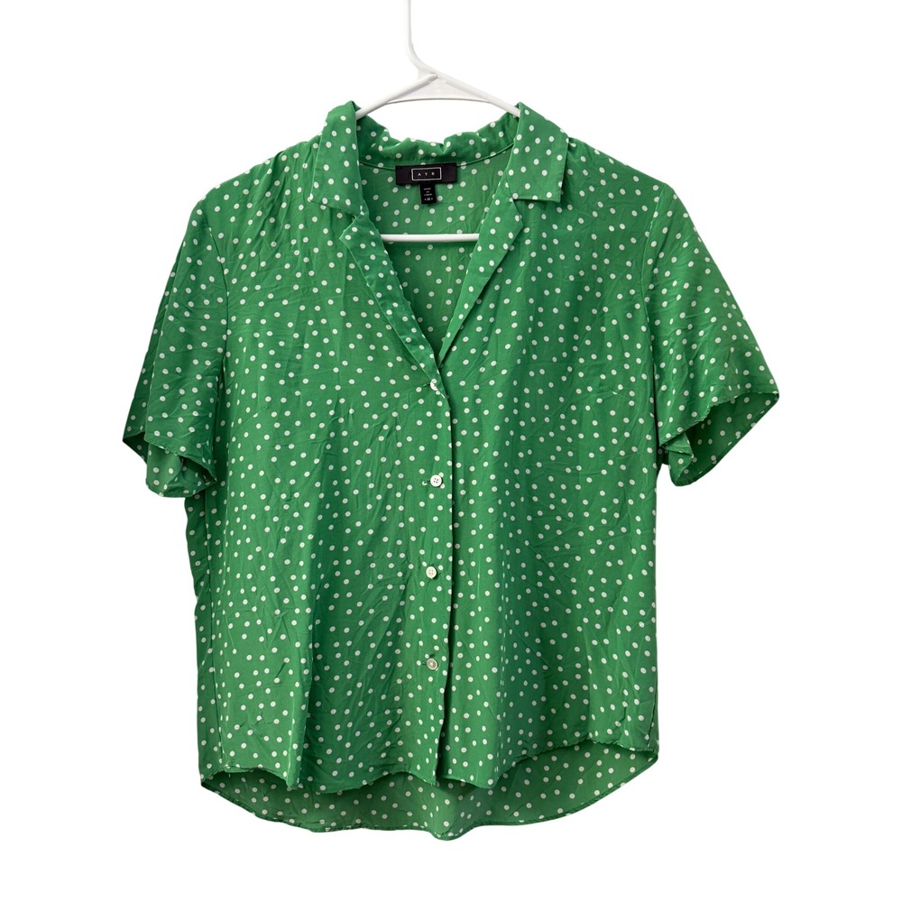 AYR Green Polka Dot Silk Blend Short Sleeve Button Down Shirt Women Medium